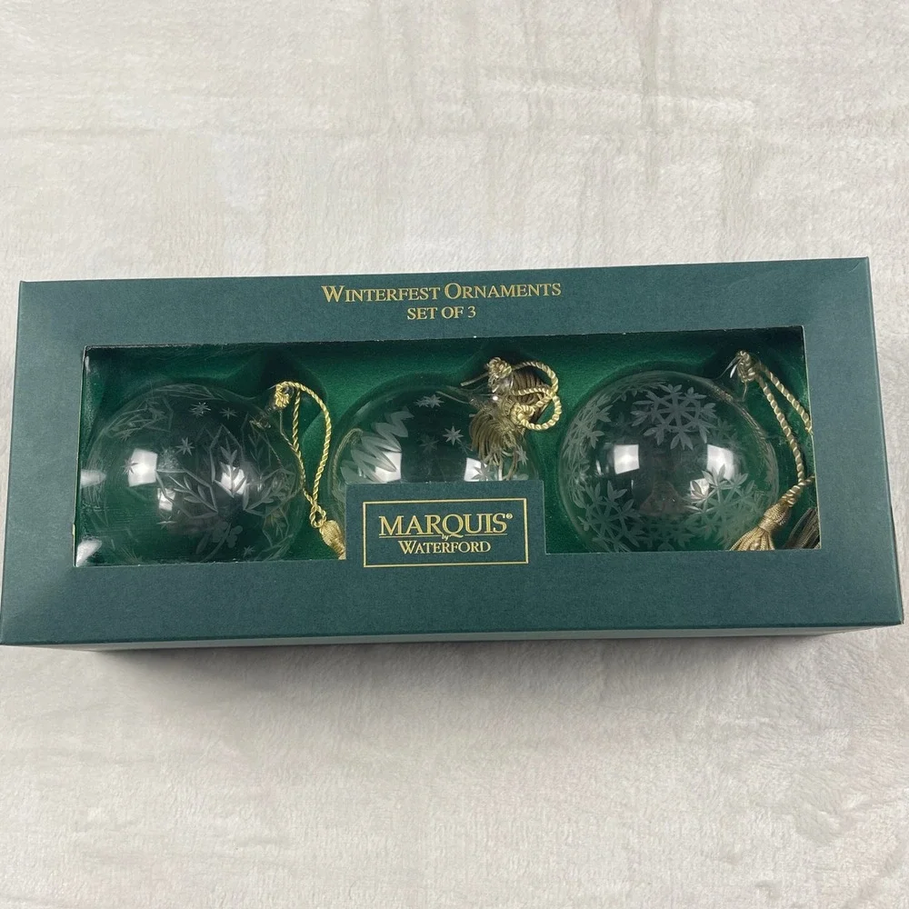 Marquis by Waterford Winterfest Ball Ornaments Set of 3 Etched Glass Clear Decor